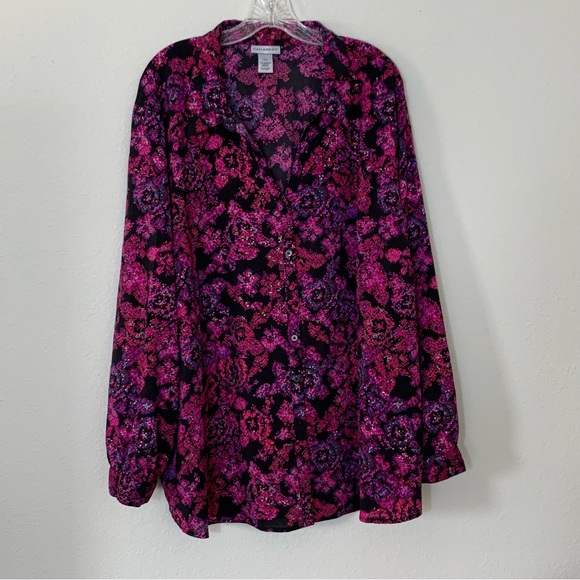 Catherine's Long Sleeve Button Down Collar Shirt Abstract Floral Print size 4X - Picture 2 of 12